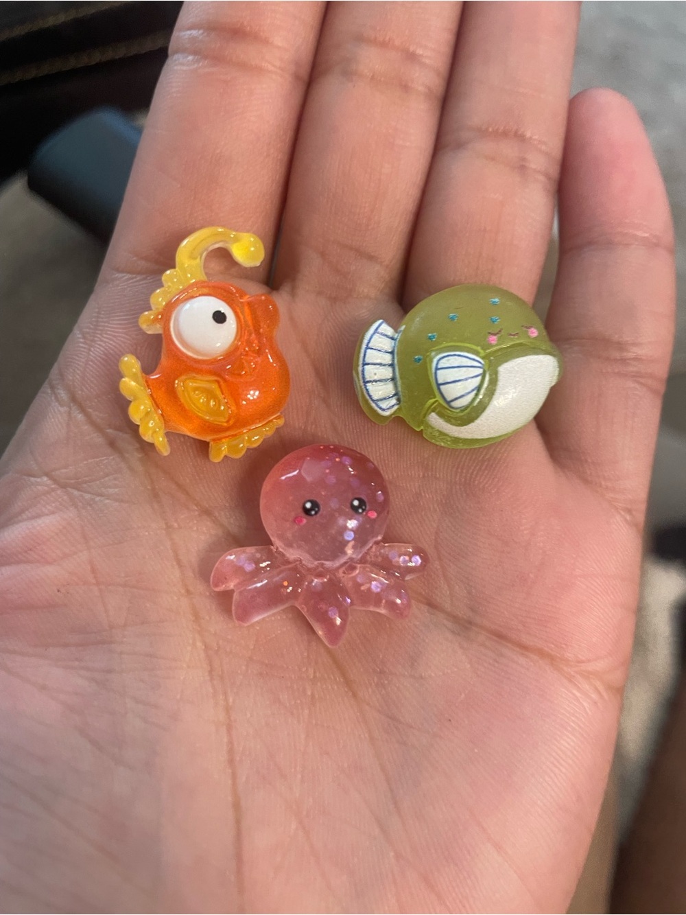 Resin Sea Creature Charm Trio - Orange Fish, Green Puffer, Pink Octopus